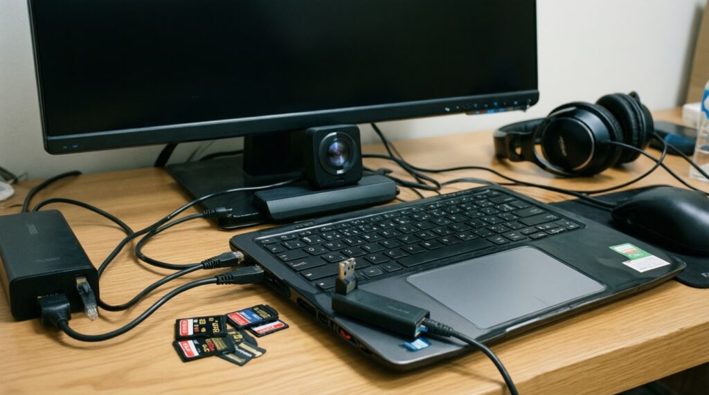 จัดโต๊ะทำงานดิจิทัล: จอเสริม ฮับ USB‑C แท่นชาร์จ และอุปกรณ์ที่เข้ากับแต่ละระบบ - иллюстрация