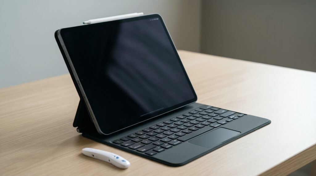 อุปกรณ์เสริมทำให้แท็บเล็ตเป็นแล็ปท็อป: Magic Keyboard vs Book Cover Keyboard vs คีย์บอร์ดทั่วไป คุ้มไหม - иллюстрация