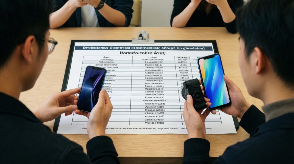 - กล้องและการถ่ายคอนเทนต์: iPhone vs Pixel vs Galaxy โทนสี วิดีโอ และเวิร์กโฟลว์ตัดต่อ - иллюстрация