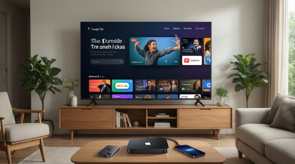 - สมาร์ตทีวีและสตรีมมิง: Apple TV vs Google TV vs Samsung Tizen เชื่อมบ้านและมือถือแบบไหนสะดวก - иллюстрация