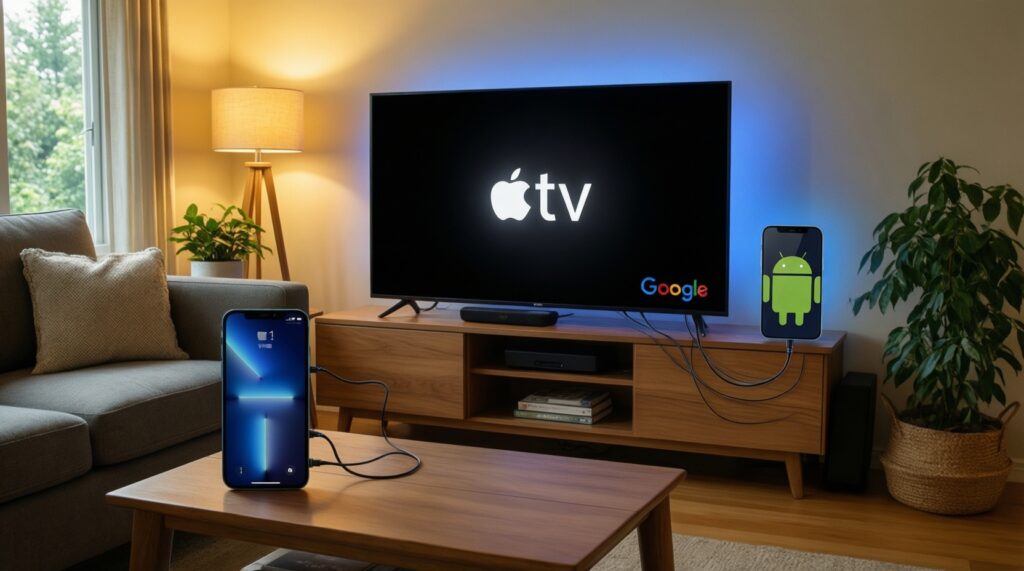 - สมาร์ตทีวีและสตรีมมิง: Apple TV vs Google TV vs Samsung Tizen เชื่อมบ้านและมือถือแบบไหนสะดวก - иллюстрация