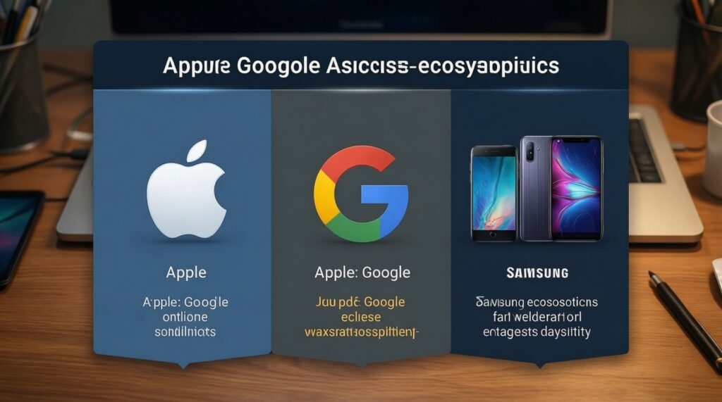 แนวทางเลือกอุปกรณ์เข้าระบบนิเวศ Apple vs Google vs Samsung: ควรเริ่มจากอะไรให้คุ้มที่สุด - иллюстрация